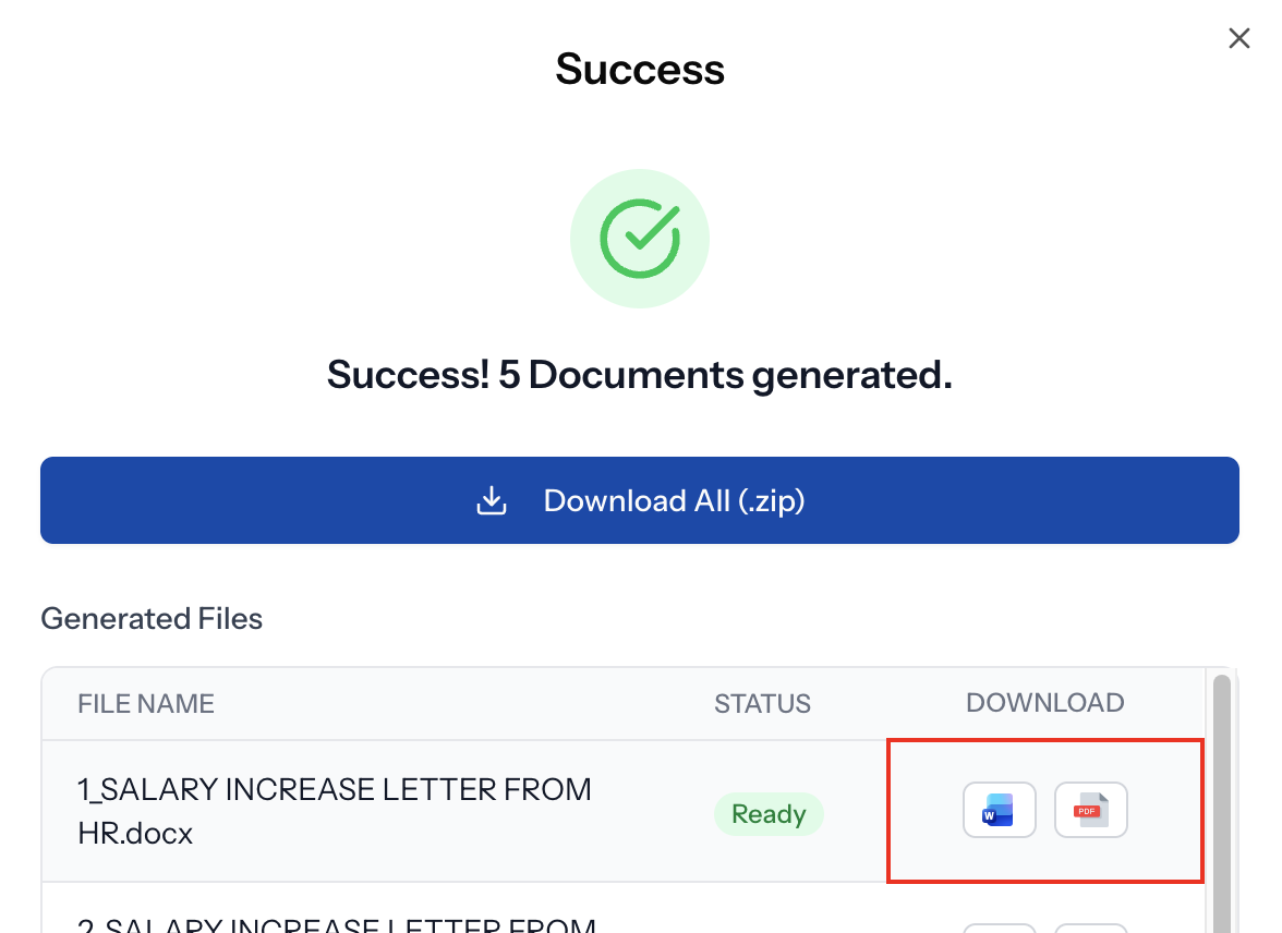 Trydoku allows you to download documents in PDF and DOCX formats